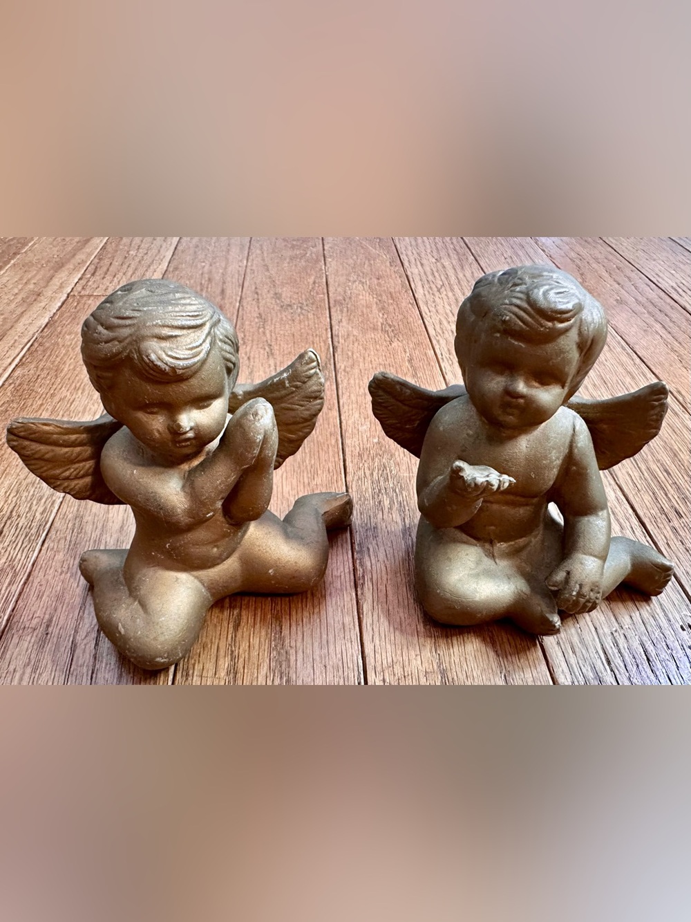 Vintage Bronze Angel Cherub  Porcelain/Ceramic? Figurine Pair - Brown/Gold Tone